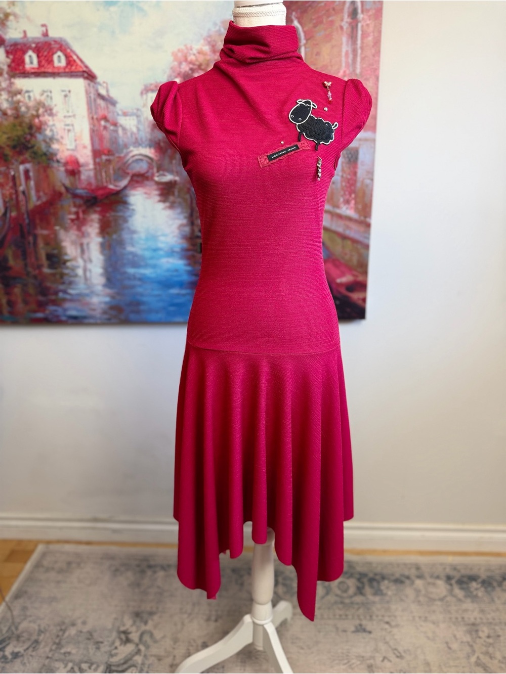 Vintage Moschino Jeans Sequin Sheep Charm Fuchsia Asymmetric Dress IT 42